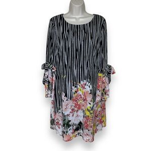 Luxology Ruffle Tie Long Bell Sleeve Chiffon Stripe Floral Shift Dress Women 4